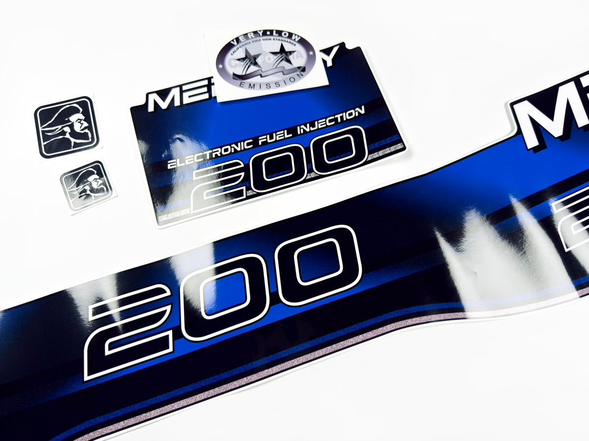 Vinyl blue graphic decals set suitable for Mercury EFI 200 hp two stroke outboard engine. Vinyl stickers kit for Mercury 200 electronic fuel injection  hp Handmade