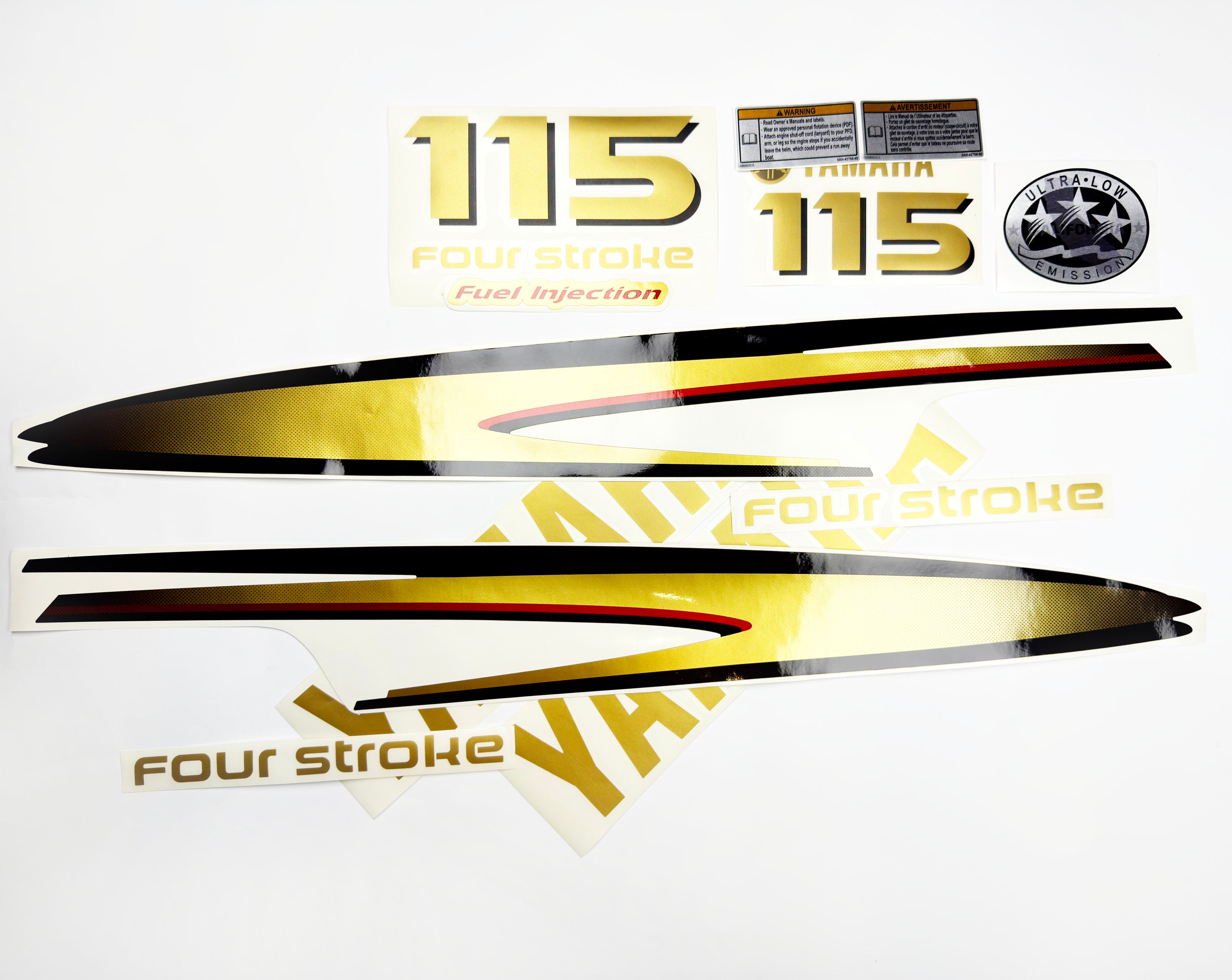 Vinyl graphic metalized gold decals set suitable for Yamaha 115 hp four stroke outboard engine. Vinyl stickers kit for Yamaha 115 hp four stroke Handmade