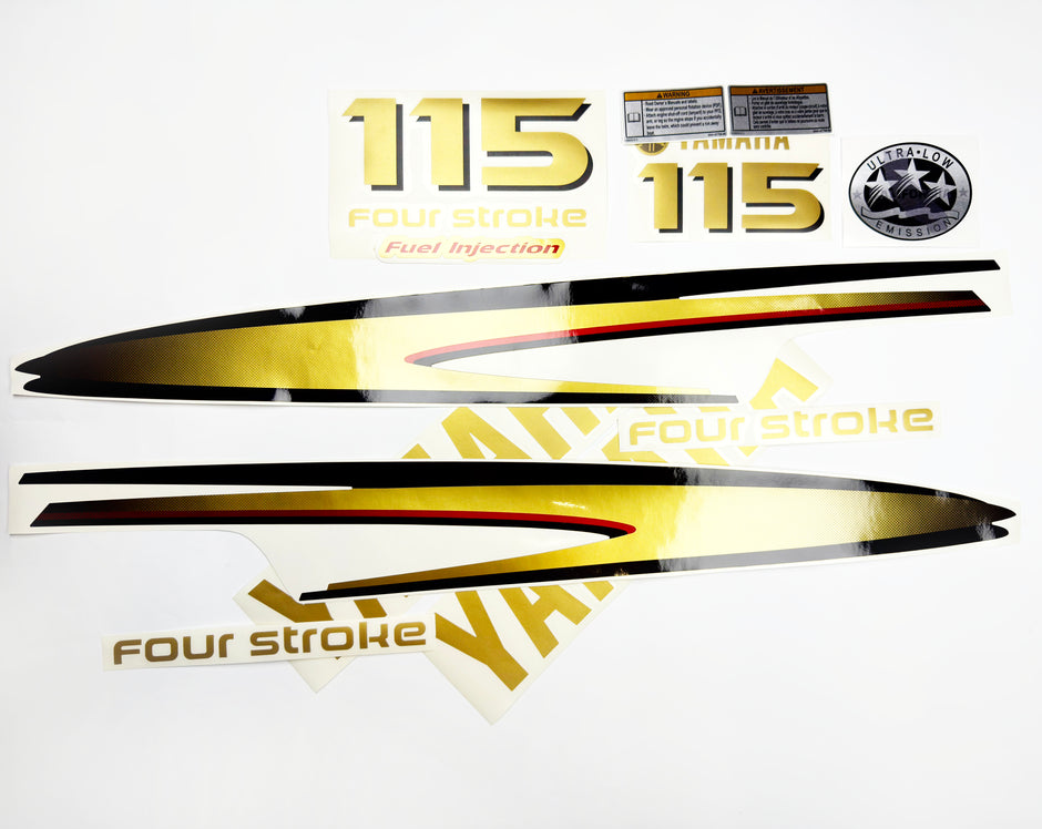 Vinyl graphic metalized gold decals set suitable for Yamaha 115 hp four stroke outboard engine. Vinyl stickers kit for Yamaha 115 hp four stroke Handmade
