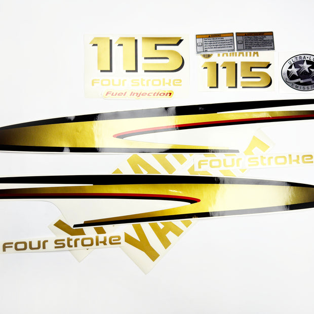 Vinyl graphic metalized gold decals set suitable for Yamaha 115 hp four stroke outboard engine. Vinyl stickers kit for Yamaha 115 hp four stroke Handmade