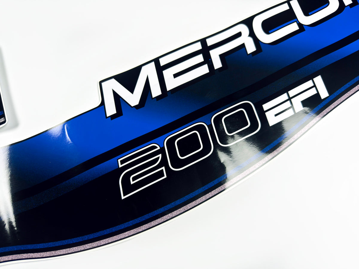 Vinyl blue graphic decals set suitable for Mercury EFI 200 hp two stroke outboard engine. Vinyl stickers kit for Mercury 200 electronic fuel injection  hp Handmade