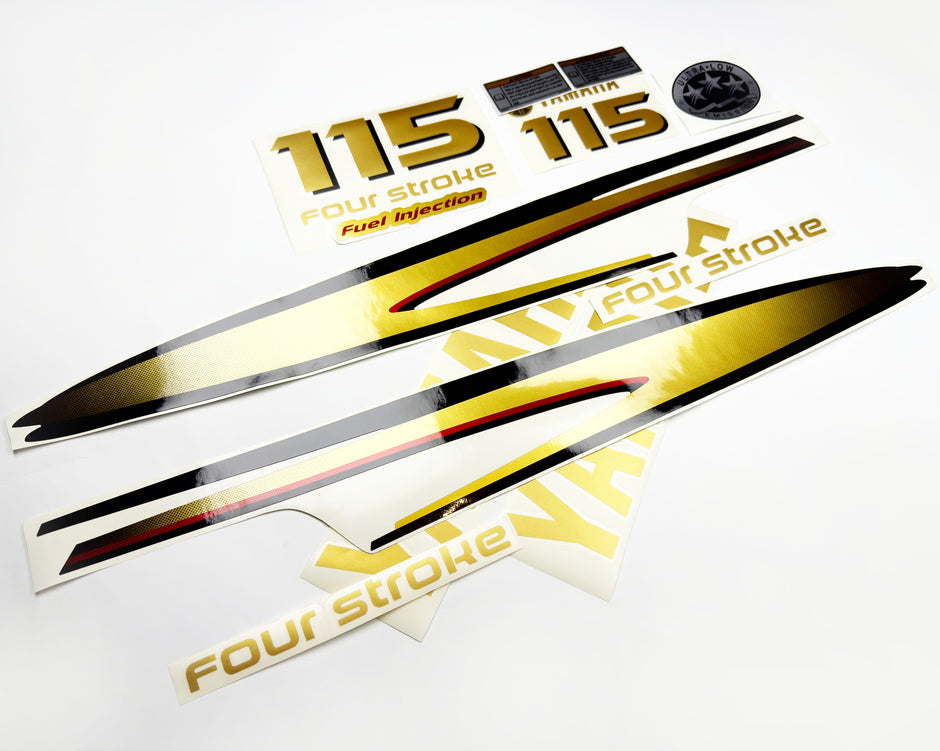 Vinyl graphic metalized gold decals set suitable for Yamaha 115 hp four stroke outboard engine. Vinyl stickers kit for Yamaha 115 hp four stroke Handmade