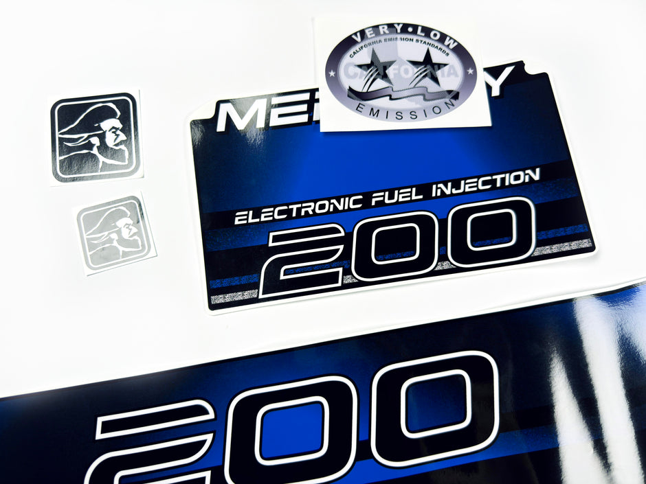 Vinyl blue graphic decals set suitable for Mercury EFI 200 hp two stroke outboard engine. Vinyl stickers kit for Mercury 200 electronic fuel injection  hp Handmade