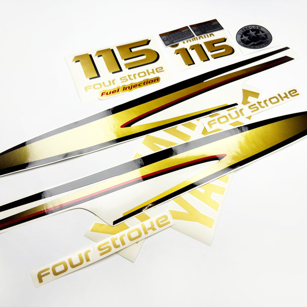 Vinyl graphic metalized gold decals set suitable for Yamaha 115 hp four stroke outboard engine. Vinyl stickers kit for Yamaha 115 hp four stroke Handmade