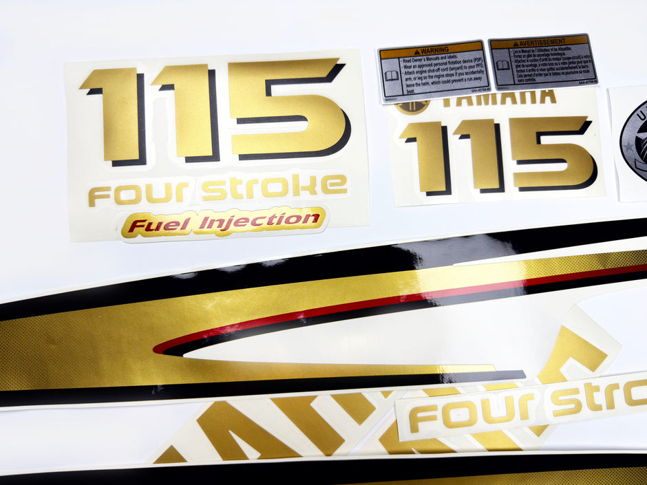 Vinyl graphic metalized gold decals set suitable for Yamaha 115 hp four stroke outboard engine. Vinyl stickers kit for Yamaha 115 hp four stroke Handmade
