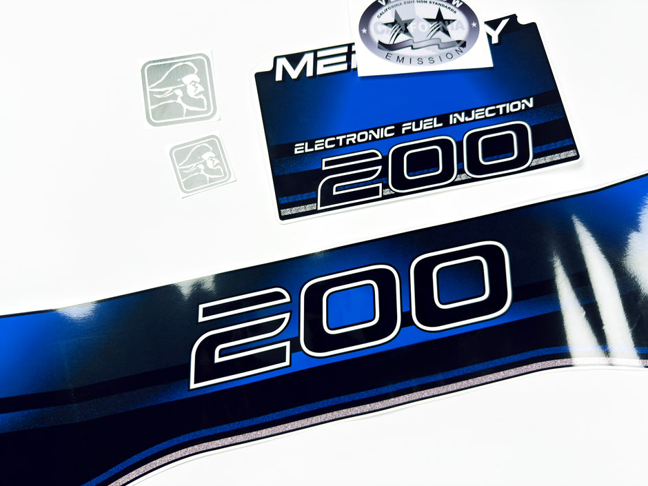 Vinyl blue graphic decals set suitable for Mercury EFI 200 hp two stroke outboard engine. Vinyl stickers kit for Mercury 200 electronic fuel injection  hp Handmade