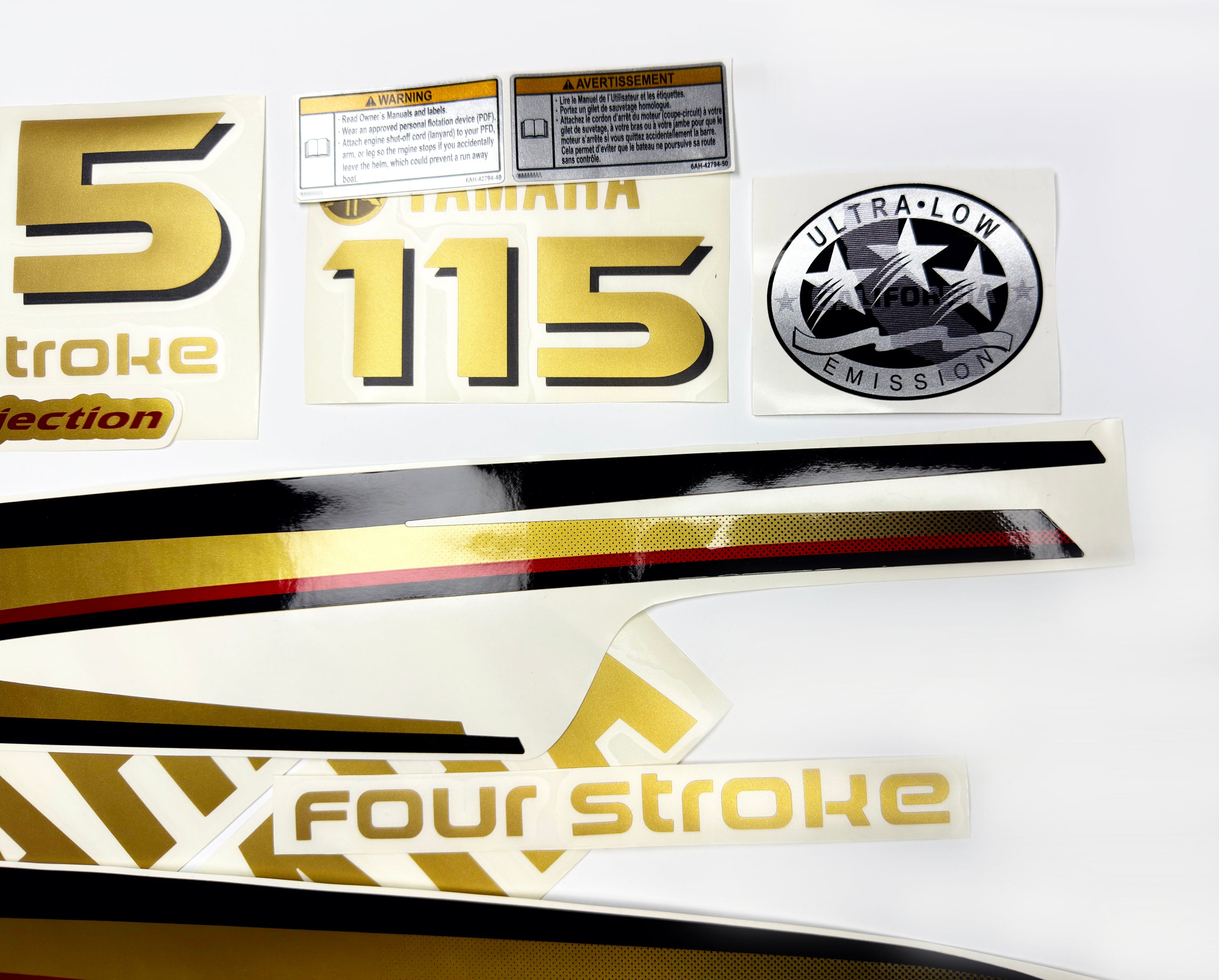 Vinyl graphic metalized gold decals set suitable for Yamaha 115 hp four stroke outboard engine. Vinyl stickers kit for Yamaha 115 hp four stroke Handmade