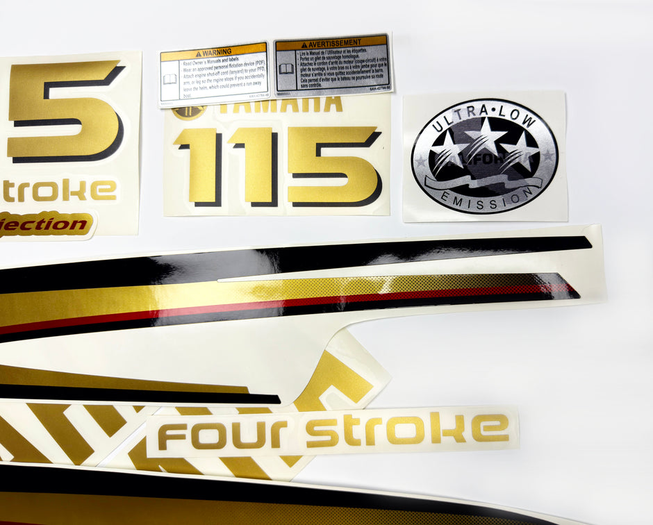 Vinyl graphic metalized gold decals set suitable for Yamaha 115 hp four stroke outboard engine. Vinyl stickers kit for Yamaha 115 hp four stroke Handmade