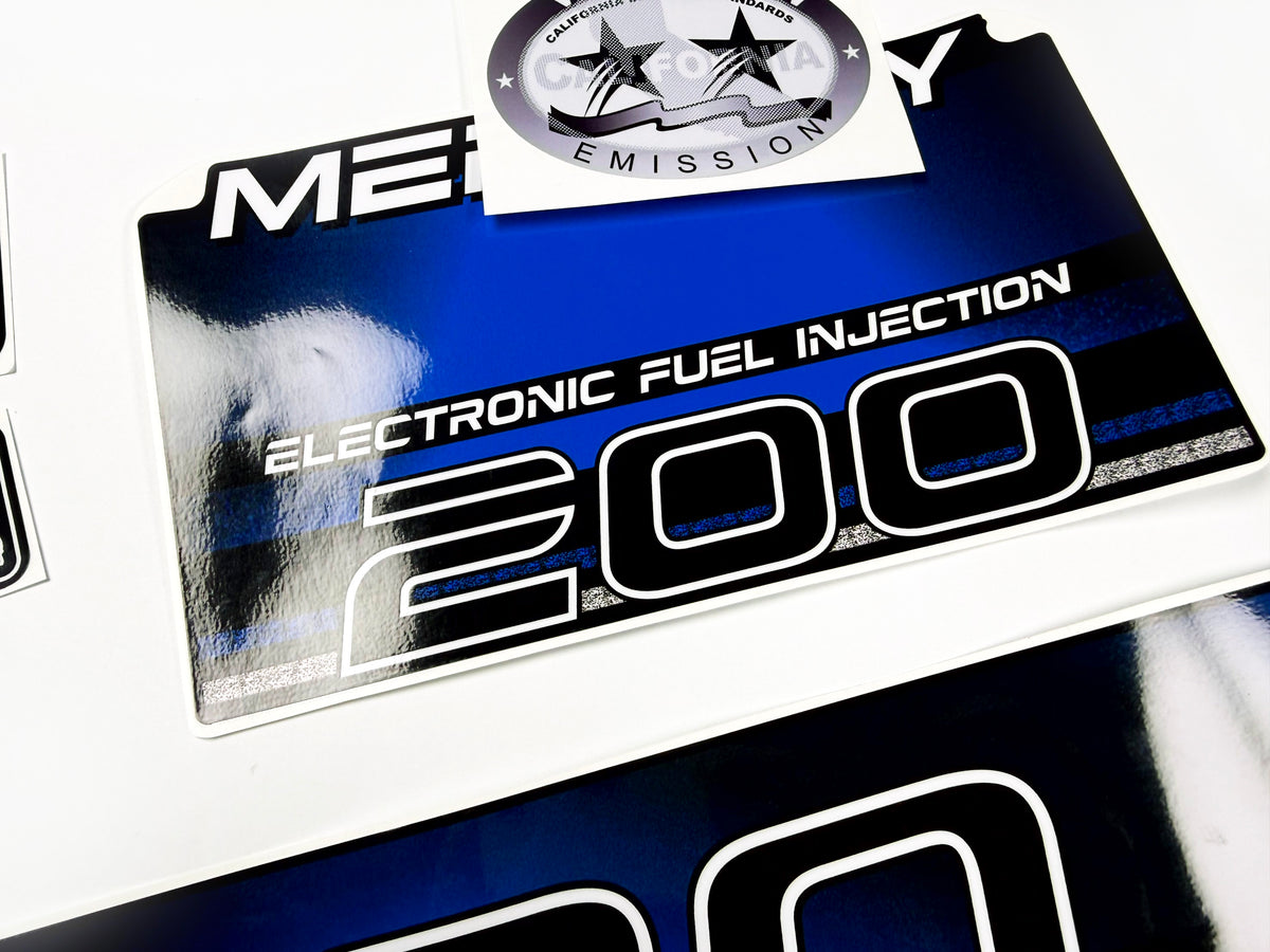 Vinyl blue graphic decals set suitable for Mercury EFI 200 hp two stroke outboard engine. Vinyl stickers kit for Mercury 200 electronic fuel injection  hp Handmade