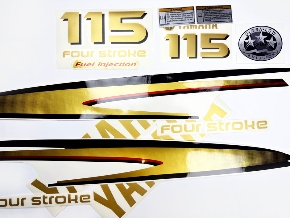 Vinyl graphic metalized gold decals set suitable for Yamaha 115 hp four stroke outboard engine. Vinyl stickers kit for Yamaha 115 hp four stroke Handmade