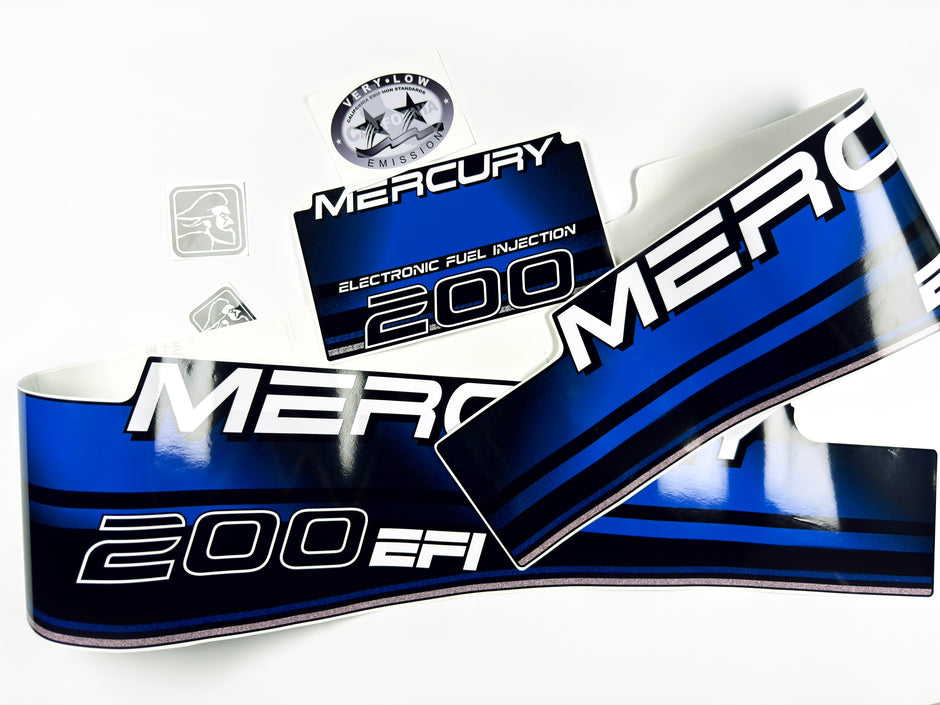 Vinyl blue graphic decals set suitable for Mercury EFI 200 hp two stroke outboard engine. Vinyl stickers kit for Mercury 200 electronic fuel injection  hp Handmade