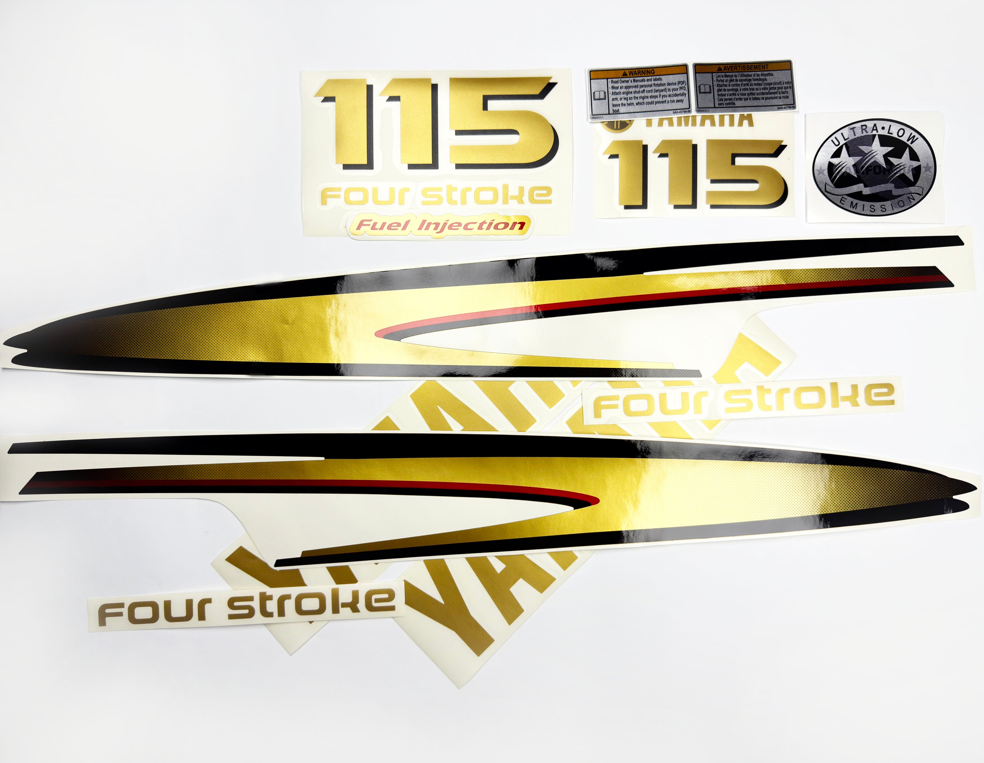 Vinyl graphic metalized gold decals set suitable for Yamaha 115 hp four stroke outboard engine. Vinyl stickers kit for Yamaha 115 hp four stroke Handmade