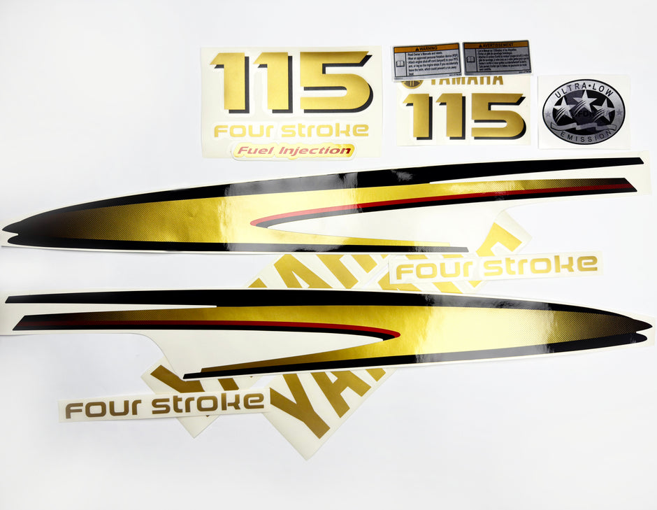 Vinyl graphic metalized gold decals set suitable for Yamaha 115 hp four stroke outboard engine. Vinyl stickers kit for Yamaha 115 hp four stroke Handmade