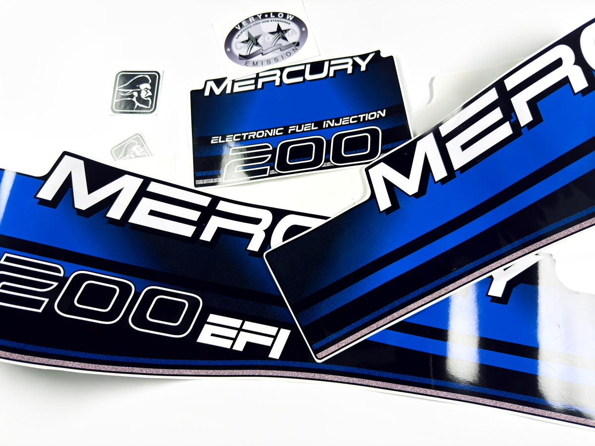 Vinyl blue graphic decals set suitable for Mercury EFI 200 hp two stroke outboard engine. Vinyl stickers kit for Mercury 200 electronic fuel injection  hp Handmade
