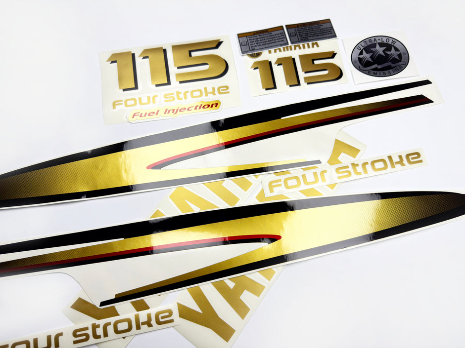 Vinyl graphic metalized gold decals set suitable for Yamaha 115 hp four stroke outboard engine. Vinyl stickers kit for Yamaha 115 hp four stroke Handmade