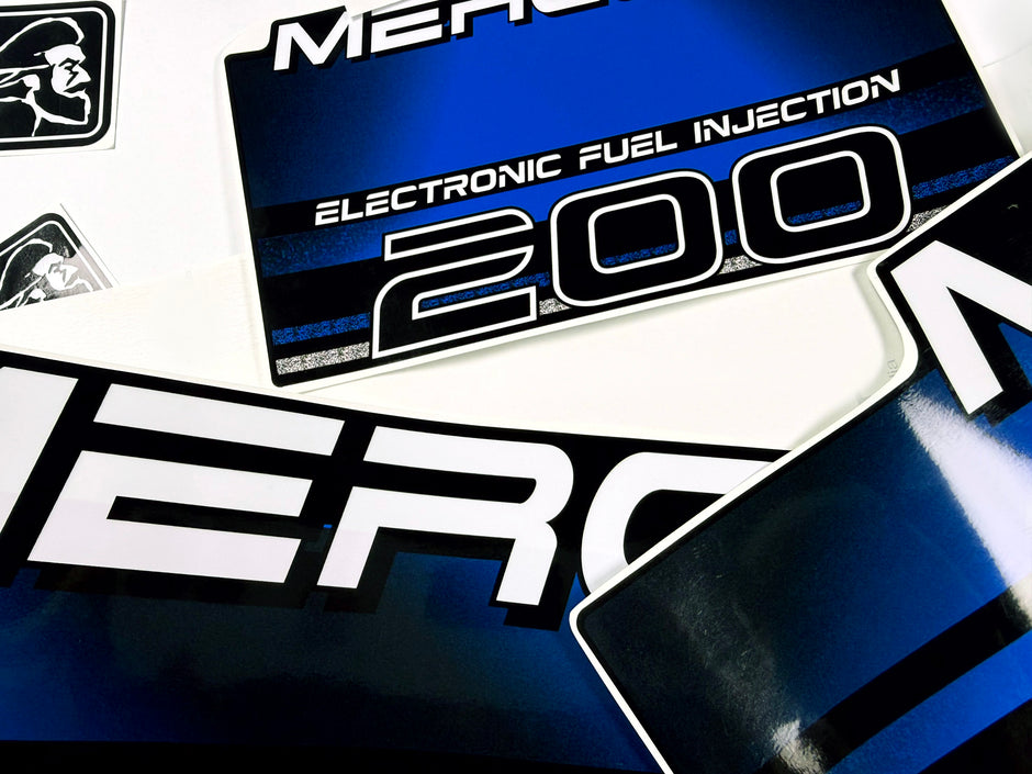 Vinyl blue graphic decals set suitable for Mercury EFI 200 hp two stroke outboard engine. Vinyl stickers kit for Mercury 200 electronic fuel injection  hp Handmade