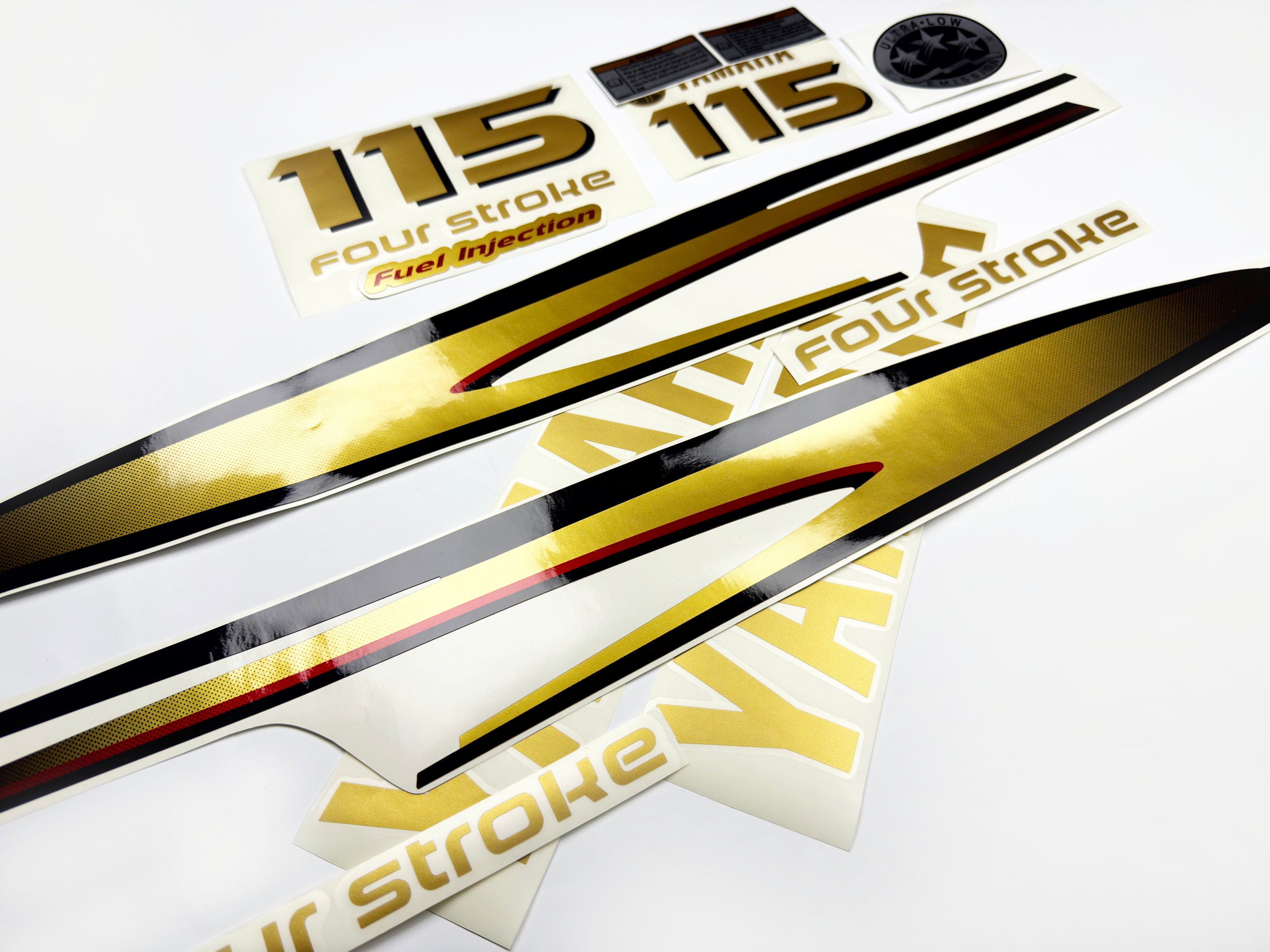 Vinyl graphic metalized gold decals set suitable for Yamaha 115 hp four stroke outboard engine. Vinyl stickers kit for Yamaha 115 hp four stroke Handmade