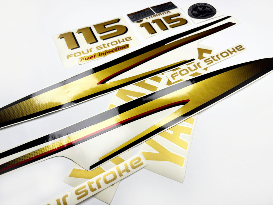 Vinyl graphic metalized gold decals set suitable for Yamaha 115 hp four stroke outboard engine. Vinyl stickers kit for Yamaha 115 hp four stroke Handmade