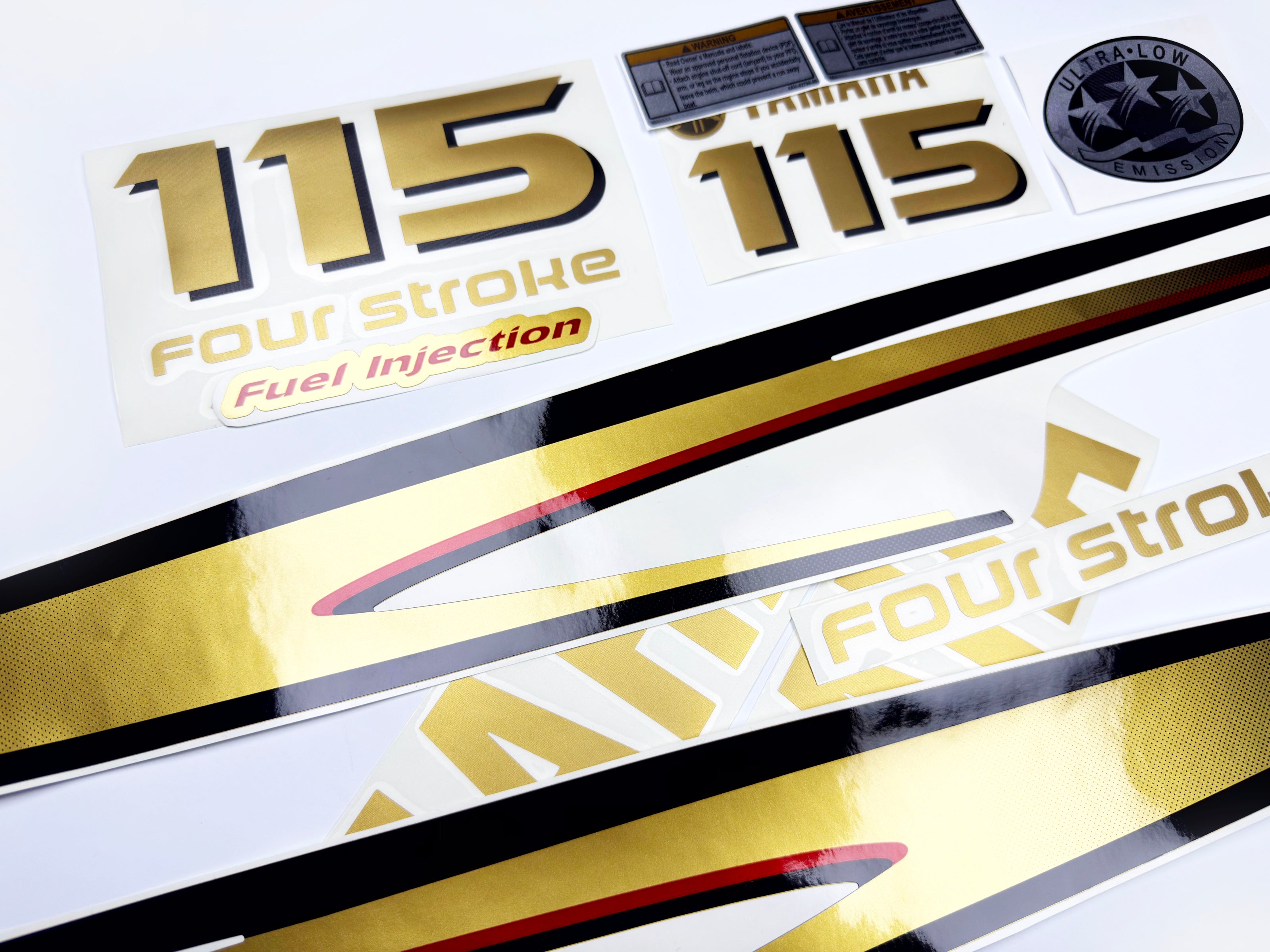Vinyl graphic metalized gold decals set suitable for Yamaha 115 hp four stroke outboard engine. Vinyl stickers kit for Yamaha 115 hp four stroke Handmade