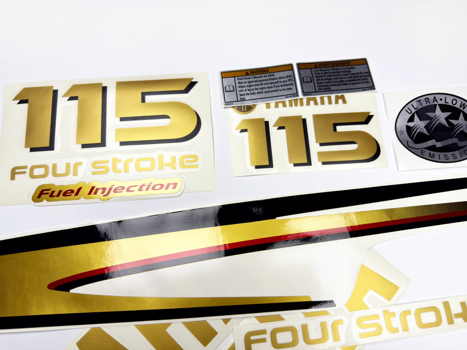 Vinyl graphic metalized gold decals set suitable for Yamaha 115 hp four stroke outboard engine. Vinyl stickers kit for Yamaha 115 hp four stroke Handmade