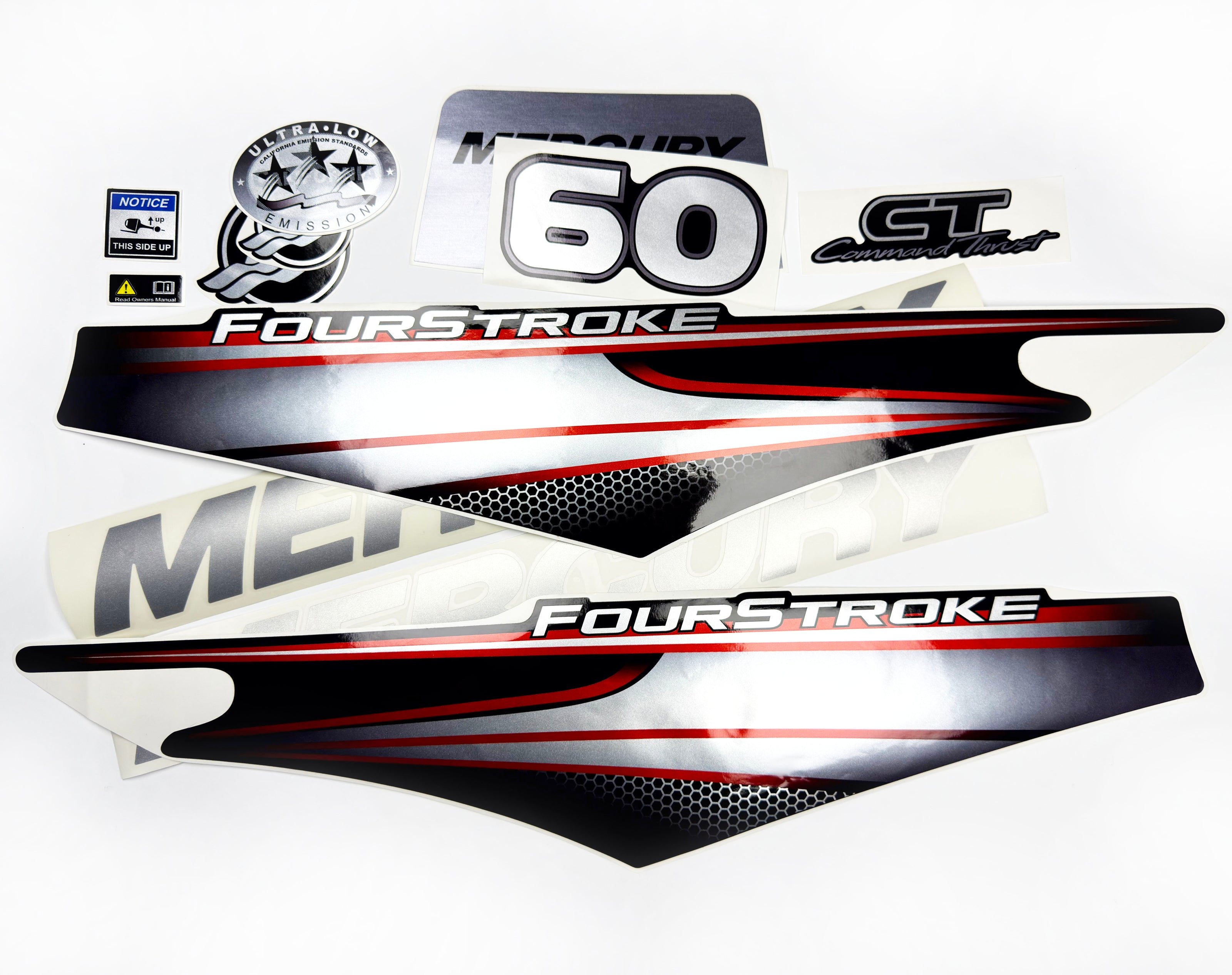Vinyl graphic silver shimmer decals set suitable for Mercury 60 hp four stroke outboard engine. Vinyl silver shimmer stickers kit for Mercury 60 hp four stroke Handmade