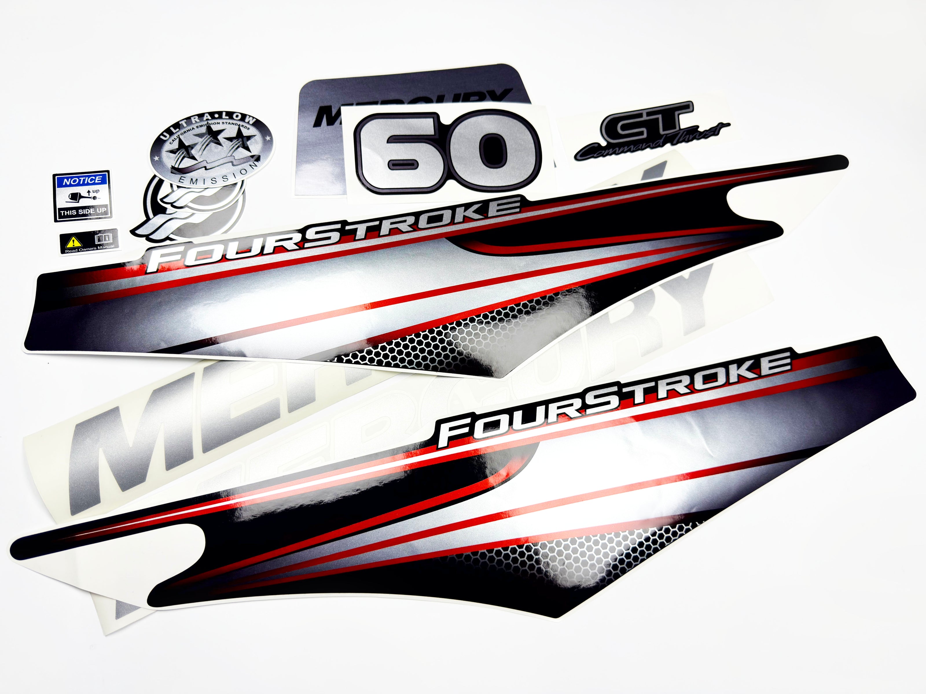Vinyl graphic silver shimmer decals set suitable for Mercury 60 hp four stroke outboard engine. Vinyl silver shimmer stickers kit for Mercury 60 hp four stroke Handmade