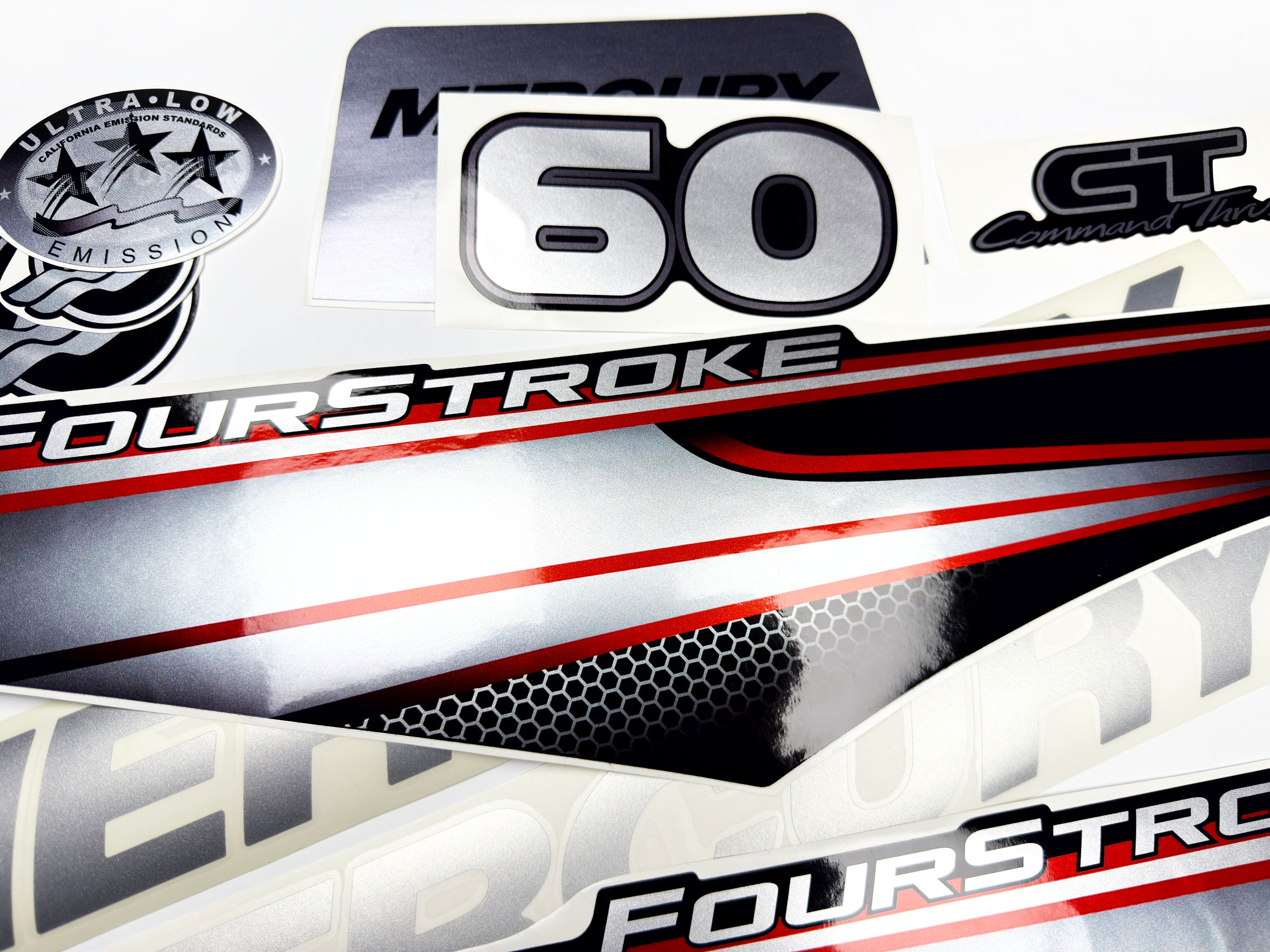 Vinyl graphic silver shimmer decals set suitable for Mercury 60 hp four stroke outboard engine. Vinyl silver shimmer stickers kit for Mercury 60 hp four stroke Handmade