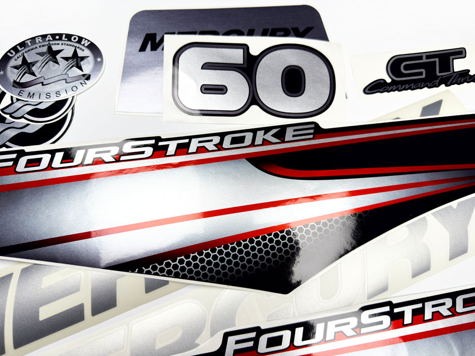 Vinyl graphic silver shimmer decals set suitable for Mercury 60 hp four stroke outboard engine. Vinyl silver shimmer stickers kit for Mercury 60 hp four stroke Handmade