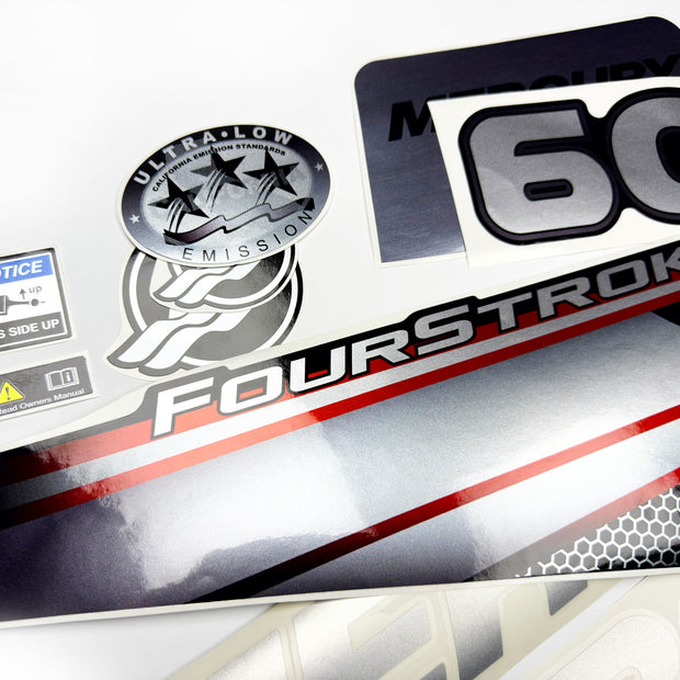 Vinyl graphic silver shimmer decals set suitable for Mercury 60 hp four stroke outboard engine. Vinyl silver shimmer stickers kit for Mercury 60 hp four stroke Handmade