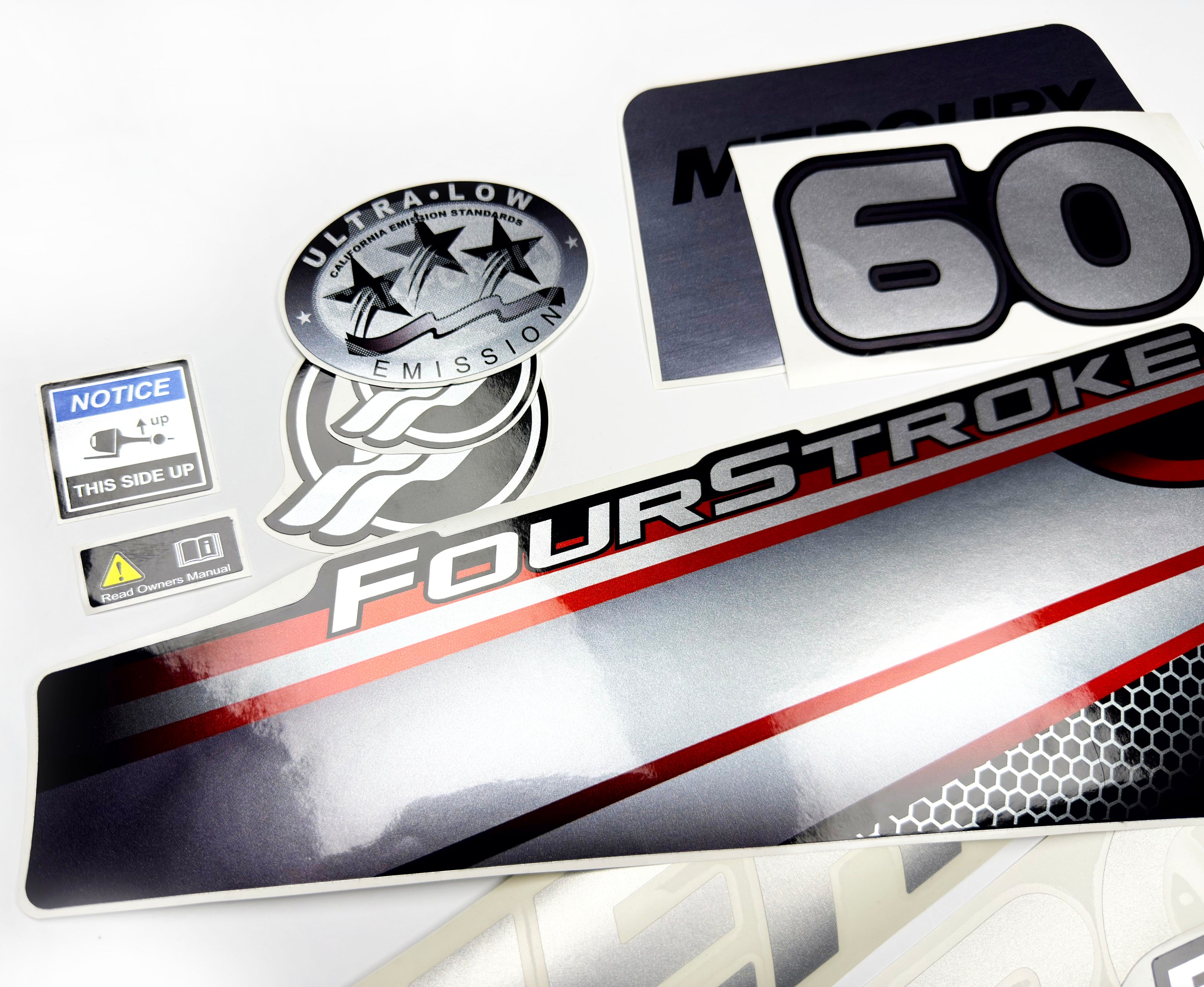 Vinyl graphic silver shimmer decals set suitable for Mercury 60 hp four stroke outboard engine. Vinyl silver shimmer stickers kit for Mercury 60 hp four stroke Handmade