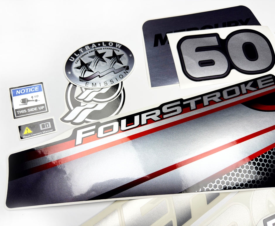 Vinyl graphic silver shimmer decals set suitable for Mercury 60 hp four stroke outboard engine. Vinyl silver shimmer stickers kit for Mercury 60 hp four stroke Handmade