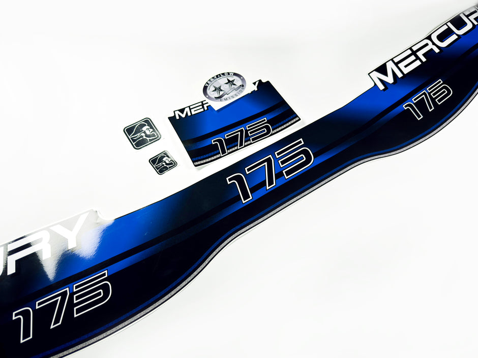 Vinyl blue graphic decals set suitable for Mercury 175 hp two stroke outboard engine. Vinyl stickers kit for Mercury 175 hp Handmade