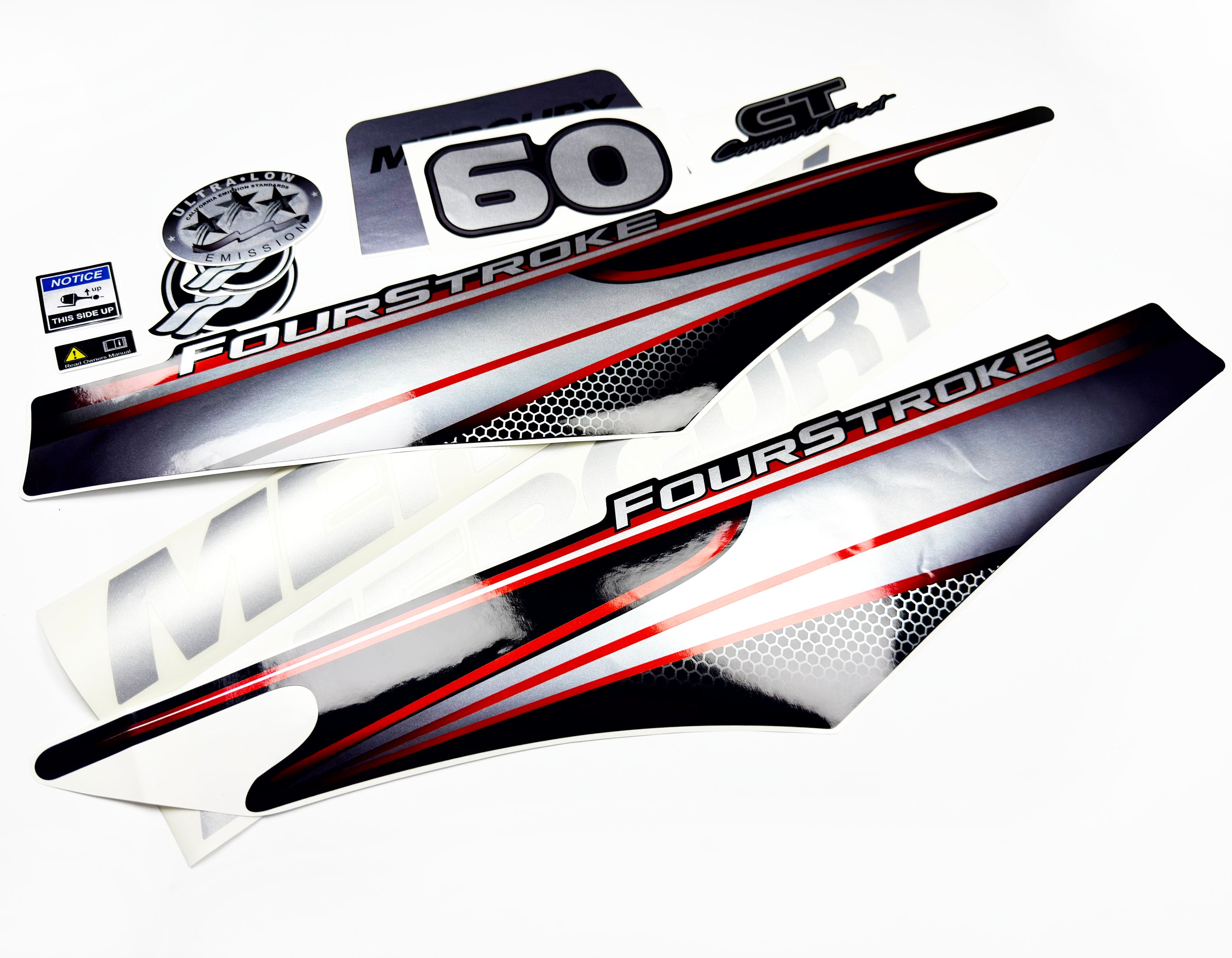 Vinyl graphic silver shimmer decals set suitable for Mercury 60 hp four stroke outboard engine. Vinyl silver shimmer stickers kit for Mercury 60 hp four stroke Handmade