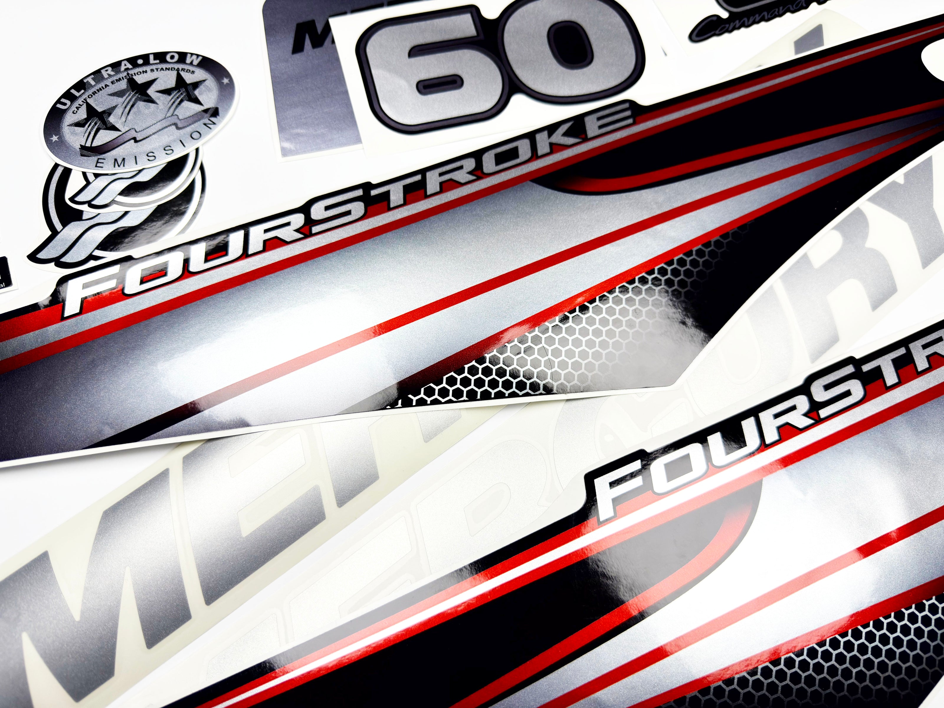 Vinyl graphic silver shimmer decals set suitable for Mercury 60 hp four stroke outboard engine. Vinyl silver shimmer stickers kit for Mercury 60 hp four stroke Handmade