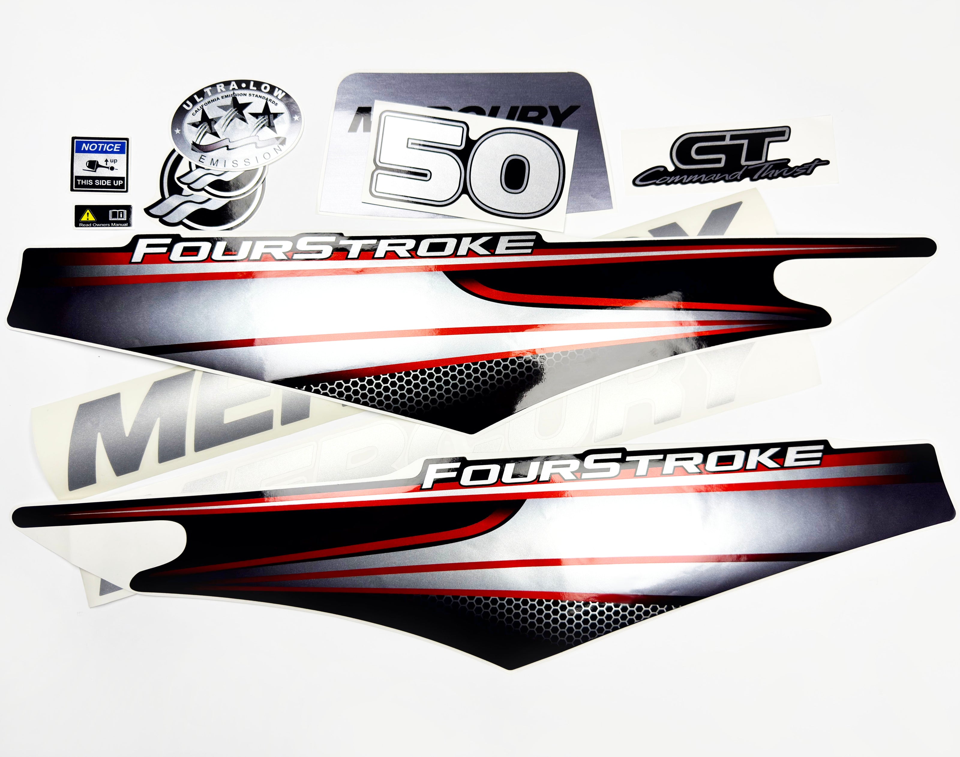 Vinyl graphic silver shimmer decals set suitable for Mercury 50 hp four stroke outboard engine. Vinyl silver shimmer stickers kit for Mercury 50 hp four stroke Handmade