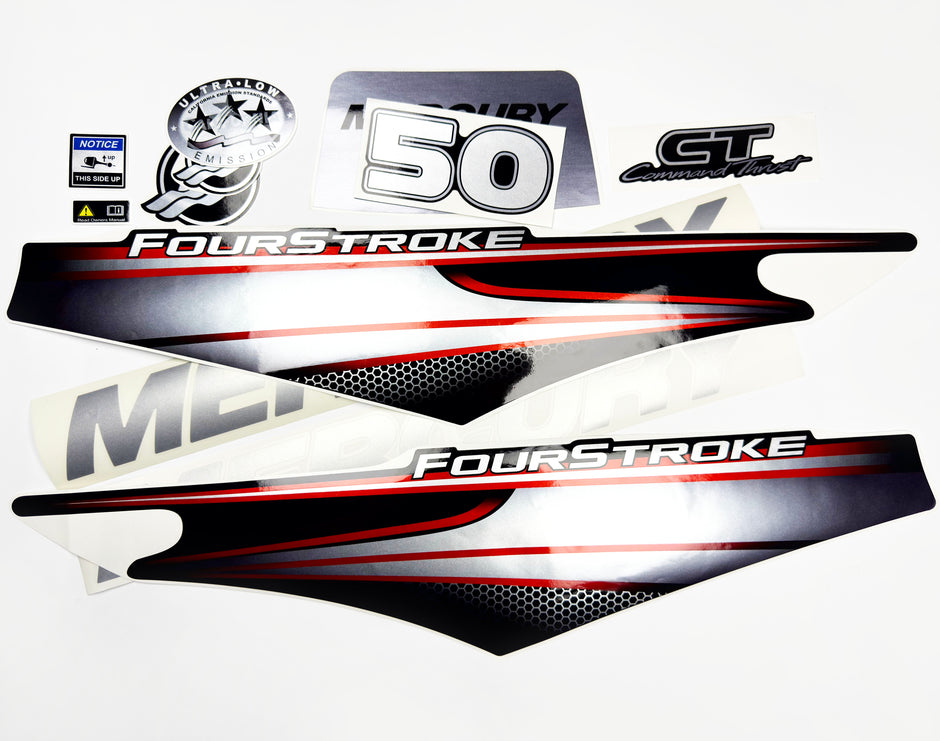 Vinyl graphic silver shimmer decals set suitable for Mercury 50 hp four stroke outboard engine. Vinyl silver shimmer stickers kit for Mercury 50 hp four stroke Handmade