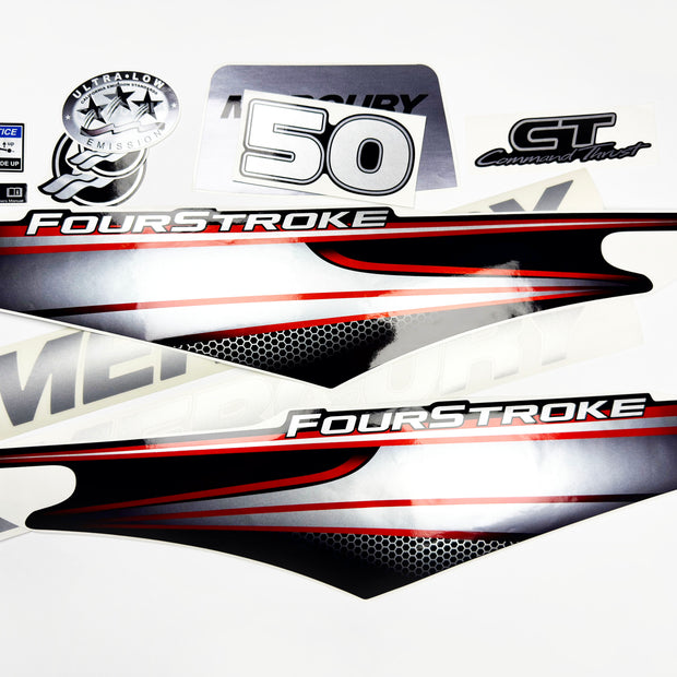 Vinyl graphic silver shimmer decals set suitable for Mercury 50 hp four stroke outboard engine. Vinyl silver shimmer stickers kit for Mercury 50 hp four stroke Handmade
