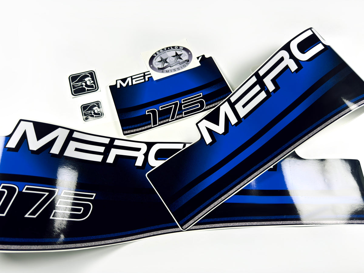 Vinyl blue graphic decals set suitable for Mercury 175 hp two stroke outboard engine. Vinyl stickers kit for Mercury 175 hp Handmade