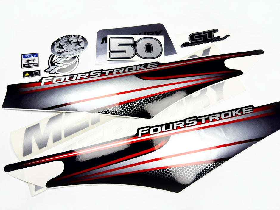 Vinyl graphic silver shimmer decals set suitable for Mercury 50 hp four stroke outboard engine. Vinyl silver shimmer stickers kit for Mercury 50 hp four stroke Handmade
