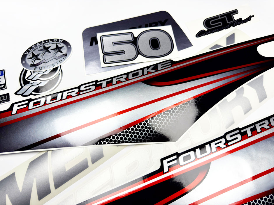 Vinyl graphic silver shimmer decals set suitable for Mercury 50 hp four stroke outboard engine. Vinyl silver shimmer stickers kit for Mercury 50 hp four stroke Handmade