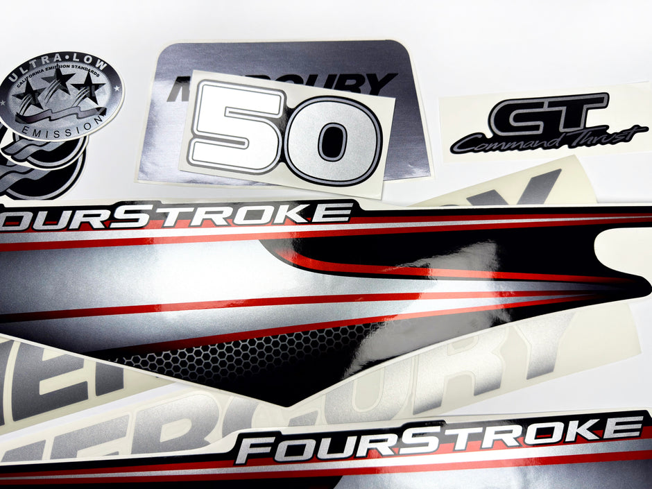 Vinyl graphic silver shimmer decals set suitable for Mercury 50 hp four stroke outboard engine. Vinyl silver shimmer stickers kit for Mercury 50 hp four stroke Handmade