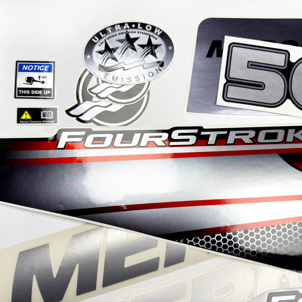 Vinyl graphic silver shimmer decals set suitable for Mercury 50 hp four stroke outboard engine. Vinyl silver shimmer stickers kit for Mercury 50 hp four stroke Handmade