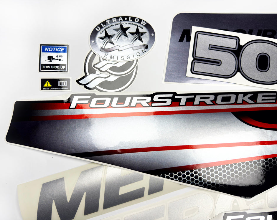 Vinyl graphic silver shimmer decals set suitable for Mercury 50 hp four stroke outboard engine. Vinyl silver shimmer stickers kit for Mercury 50 hp four stroke Handmade