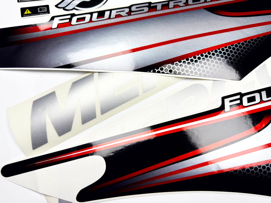 Vinyl graphic silver shimmer decals set suitable for Mercury 50 hp four stroke outboard engine. Vinyl silver shimmer stickers kit for Mercury 50 hp four stroke Handmade