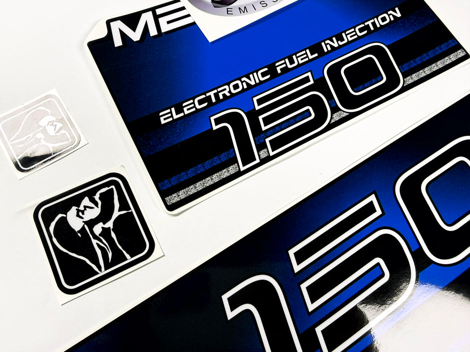 Vinyl blue graphic decals set suitable for Mercury EFI 150 hp two stroke outboard engine. Vinyl stickers kit for Mercury 150 electronic fuel injection  hp Handmade
