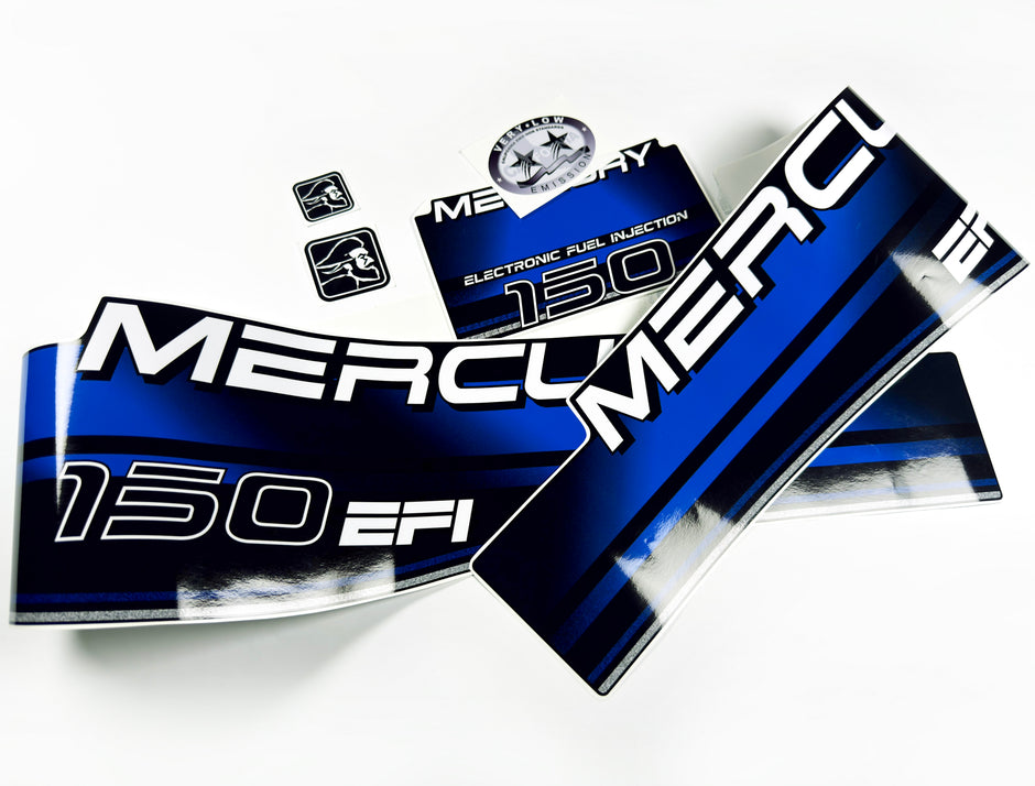 Vinyl blue graphic decals set suitable for Mercury EFI 150 hp two stroke outboard engine. Vinyl stickers kit for Mercury 150 electronic fuel injection  hp Handmade