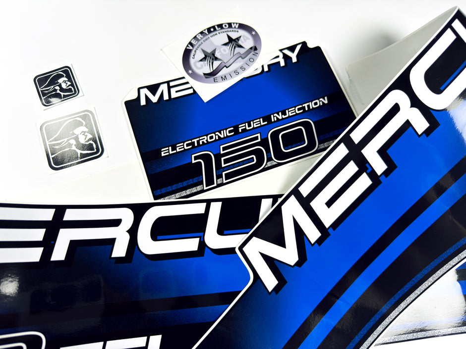 Vinyl blue graphic decals set suitable for Mercury EFI 150 hp two stroke outboard engine. Vinyl stickers kit for Mercury 150 electronic fuel injection  hp Handmade
