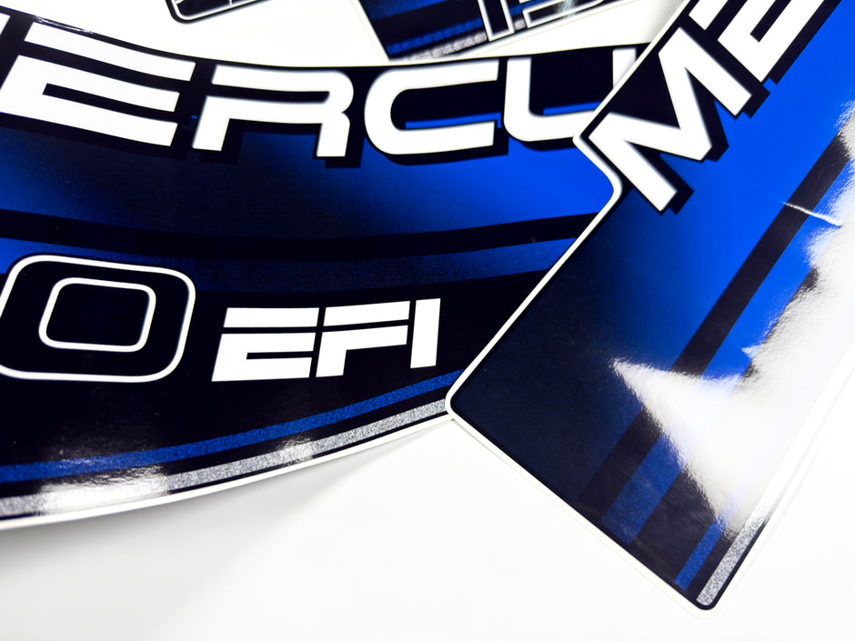 Vinyl blue graphic decals set suitable for Mercury EFI 150 hp two stroke outboard engine. Vinyl stickers kit for Mercury 150 electronic fuel injection  hp Handmade