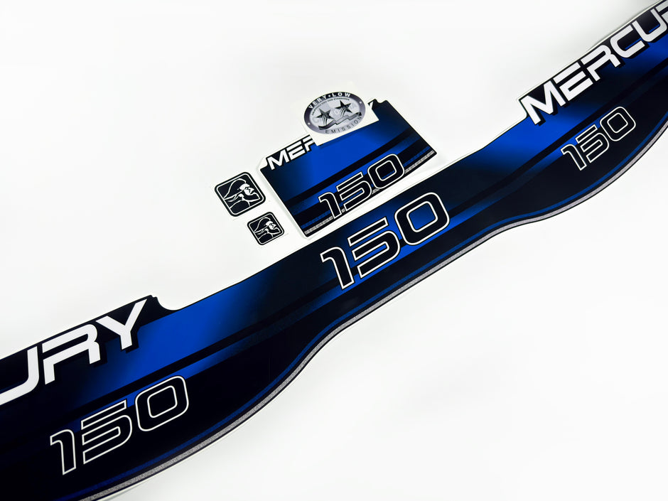 Vinyl blue graphic decals set suitable for Mercury 150 hp two stroke outboard engine. Vinyl stickers kit for Mercury 150 hp Handmade