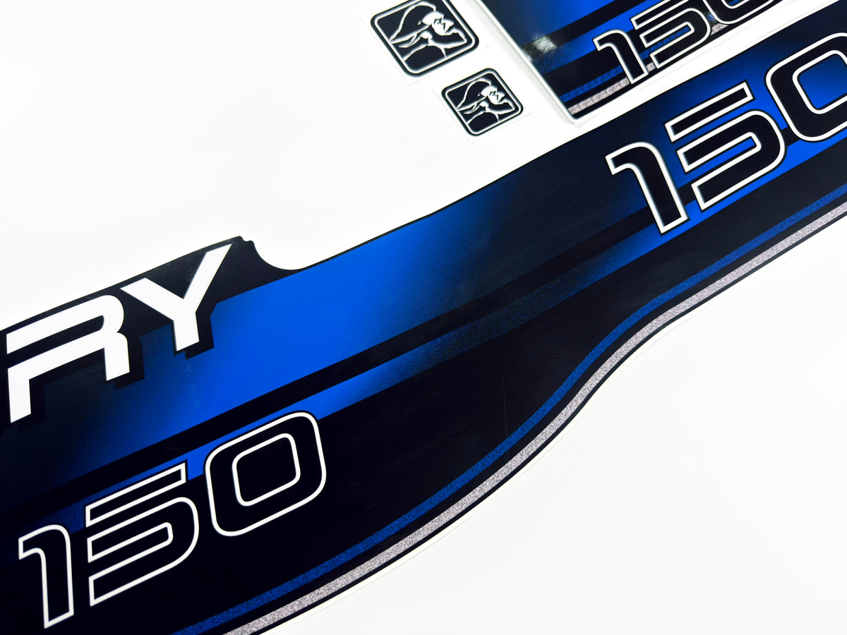 Vinyl blue graphic decals set suitable for Mercury 150 hp two stroke outboard engine. Vinyl stickers kit for Mercury 150 hp Handmade